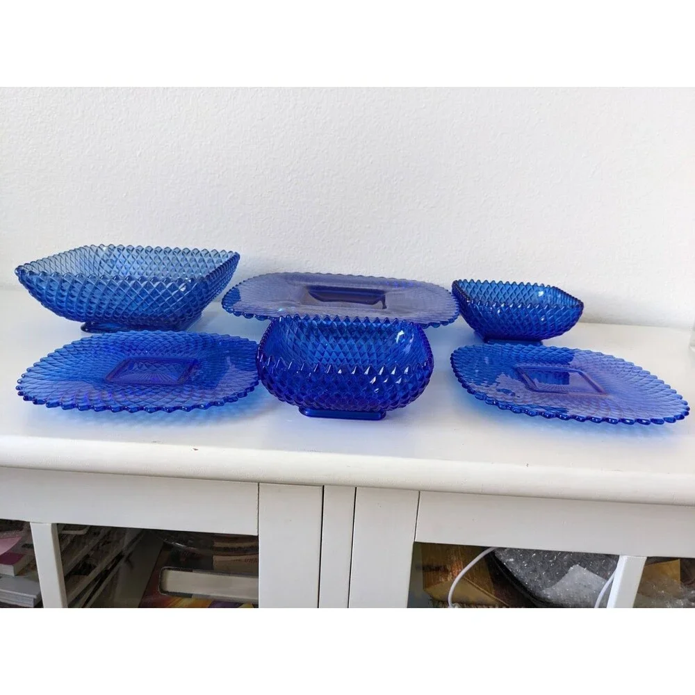Vtg Cobalt Blue Diamond Point Hobnail Sawtooth Scallop Glass Bowl Platter Plate